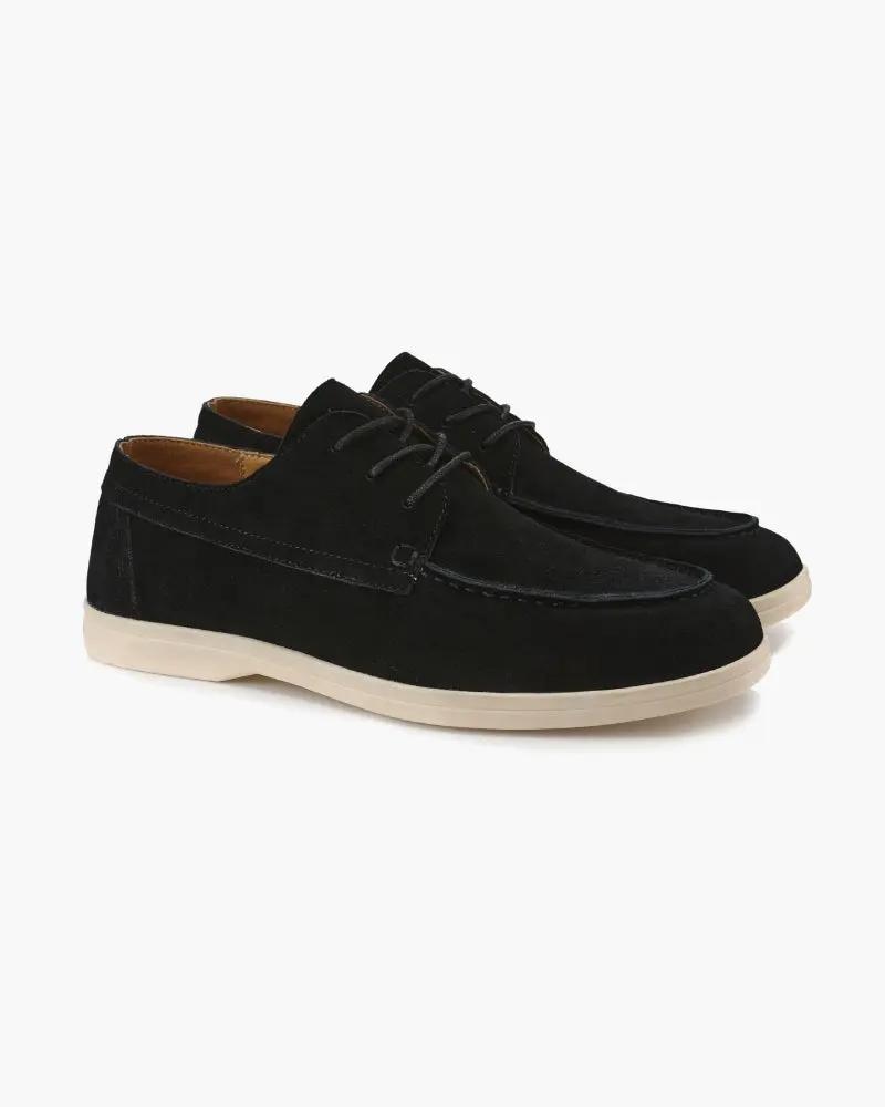 Chaussures en daim premium Old Money avec lacets, couleur moka, vue de face, taille EU 39, style élégant et sophistiqué.