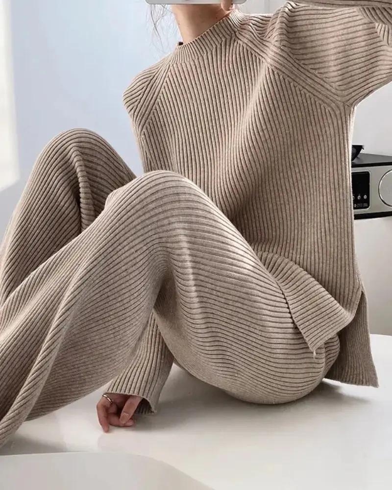 Ensemble de détente beige pour femmes Old Money, vêtements confortables 2 pièces.