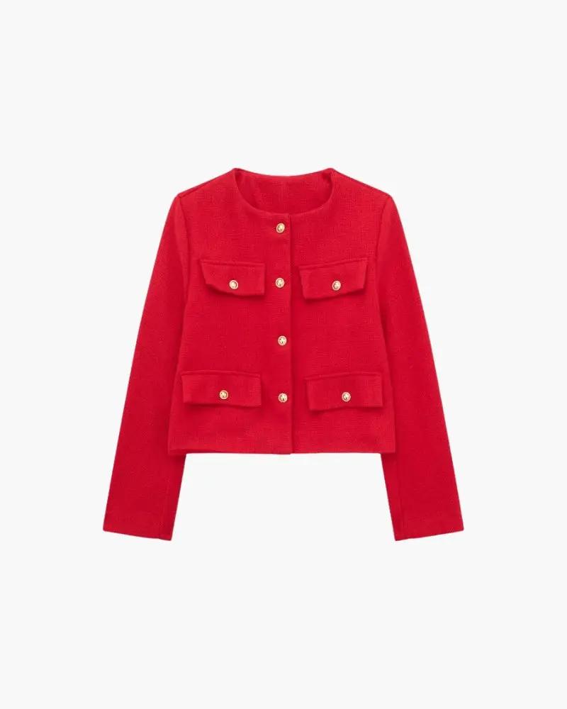 Veste blazer cropped marron pour femmes Old Money Women, style élégant et tendance, vue de face sur fond neutre.