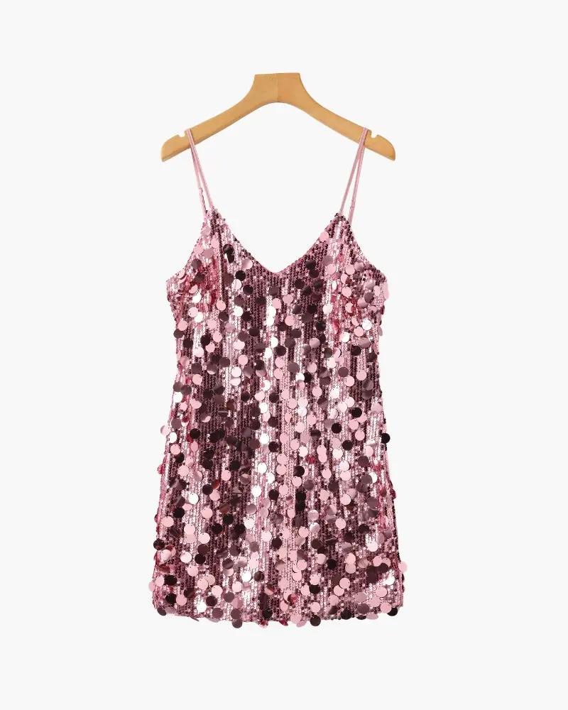 Robe courte de fête en sequins rose doré pour femme, style mini, de la marque Old Money Women, vue sur le devant.