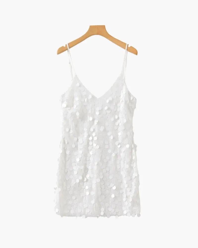 Robe courte de fête en sequins rose doré pour femmes, marque Old Money Women, style élégant et brillant.