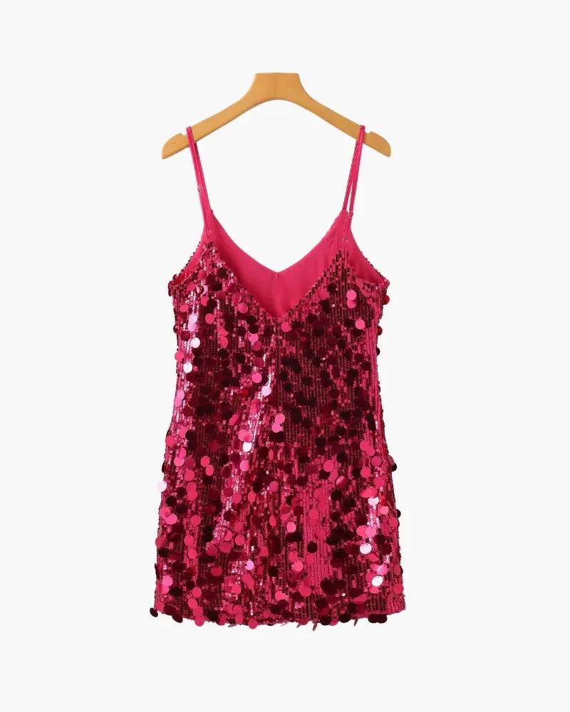 Robe courte de fête en sequins rose doré pour femme, style mini, de la marque Old Money Women, portée avec décolleté et manches longues