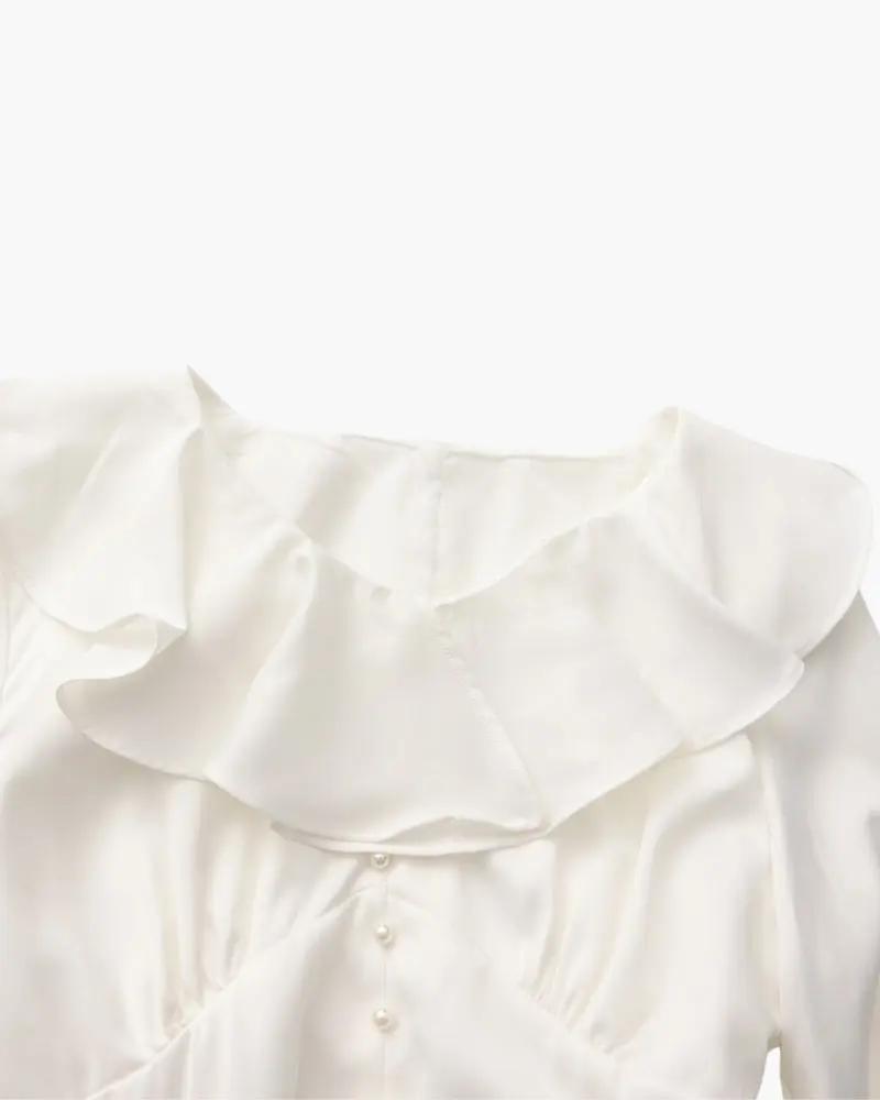 Robe midi à volants avec boutons en perle, marque Old Money Women, vêtement élégant pour femmes.