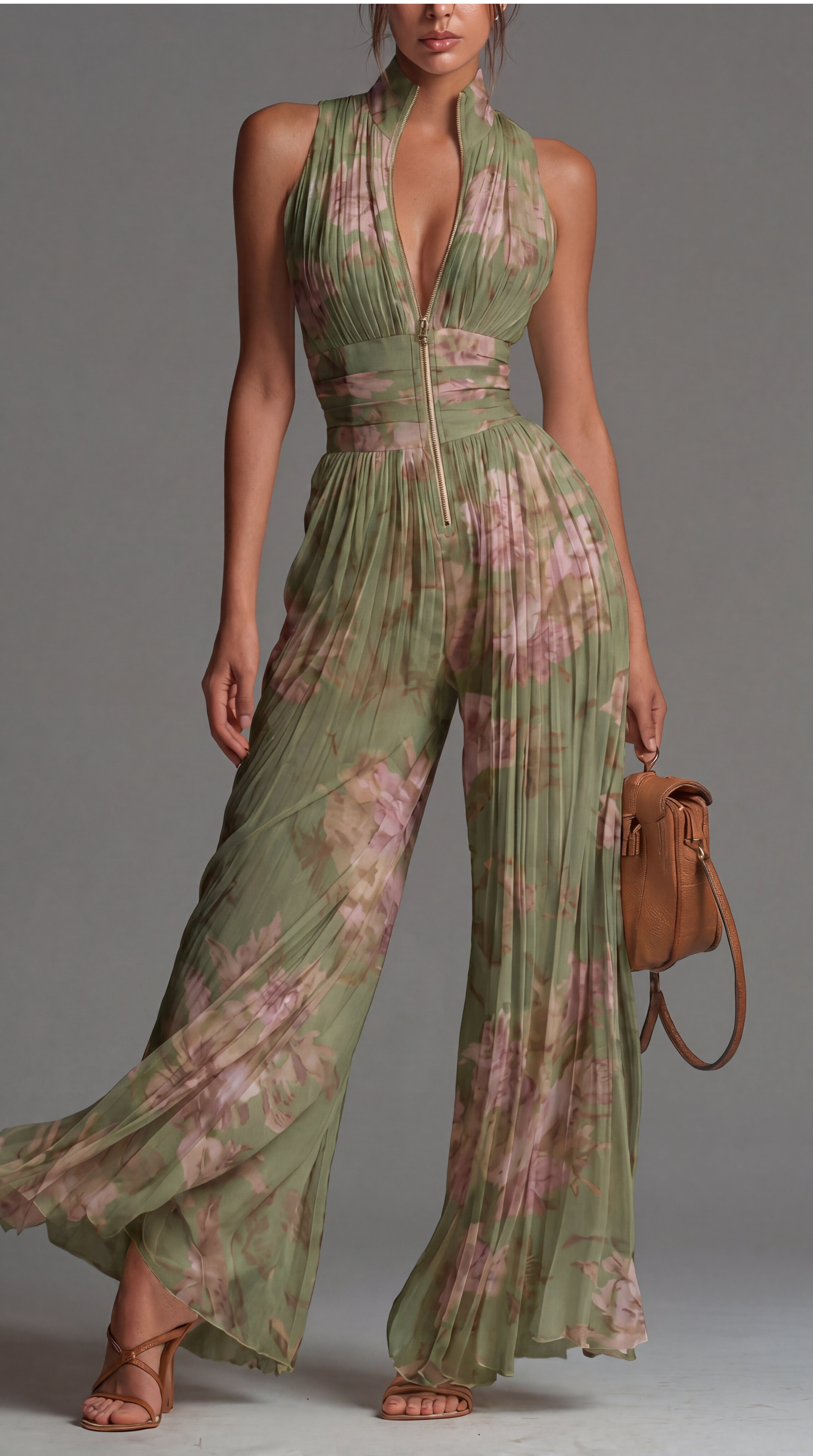 Combinaison fluide plissée à fleurs en chiffon de la marque Olivia Reed Fashion, élégante et légère pour toutes occasions.