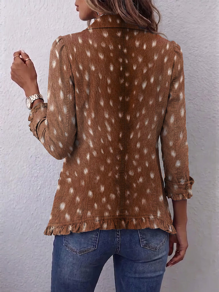 Veste bohème Danoir Paris Hélène avec imprimé animalier marron et détails à volants, style élégant et tendance.