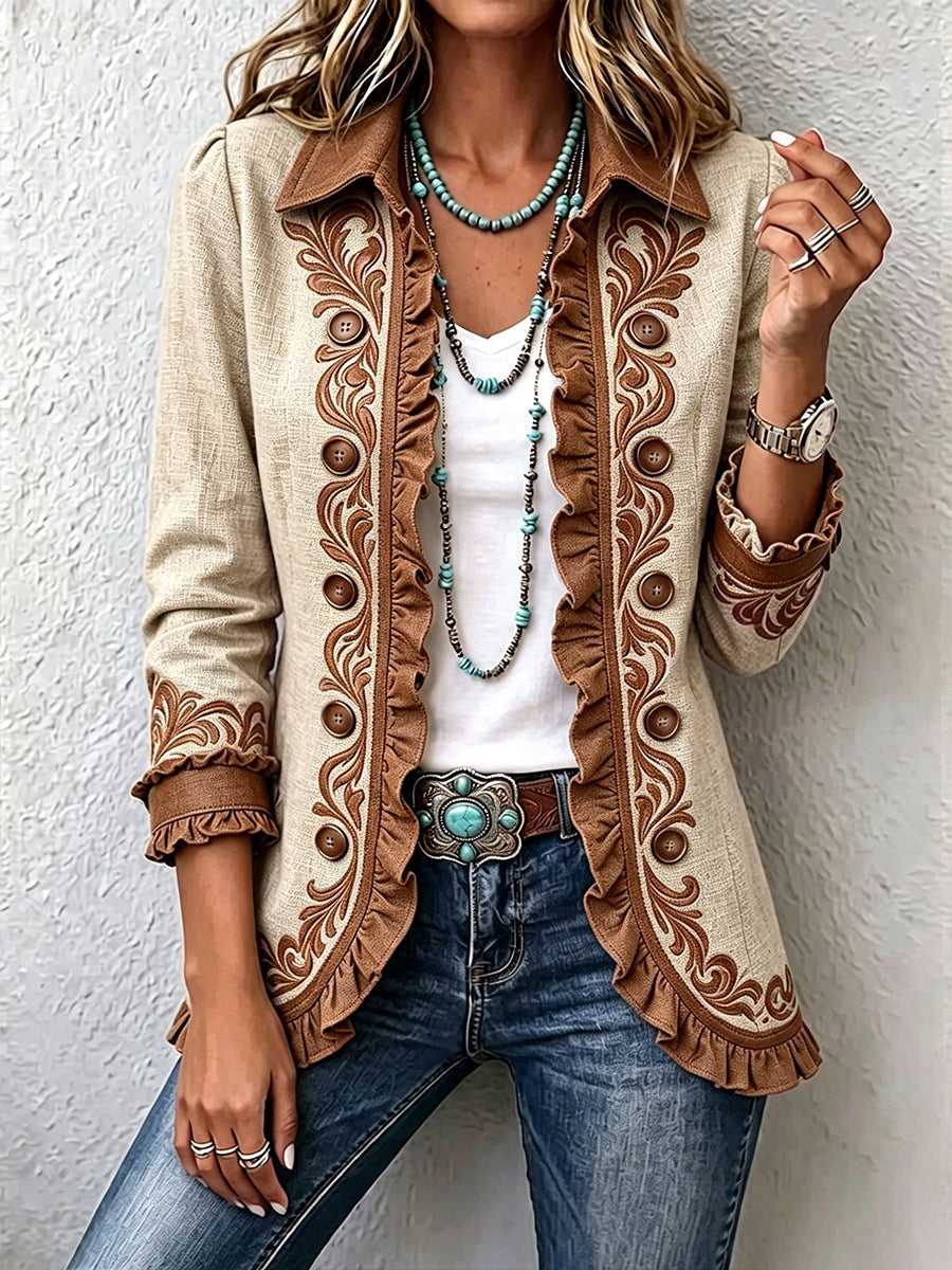 Veste bohème vintage Octavie de Danoir Paris avec motifs floraux, chameau et marron, à volants, style romantique et féminin