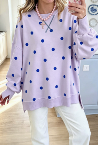 Sweat-shirt Danoir Paris Chic Jaune Soleil et Bleu à Pois, doux et confortable, avec motif à pois et col rond.