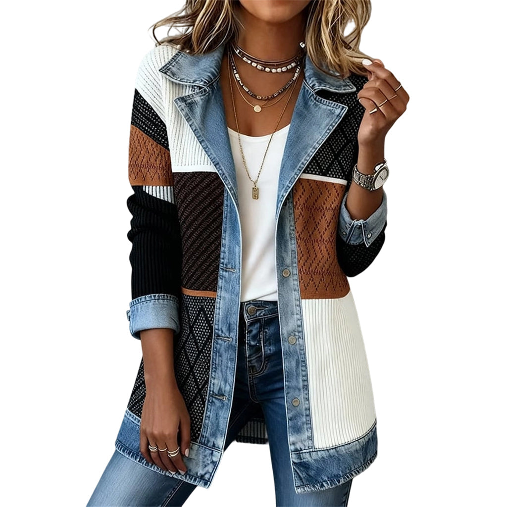 Veste en jean pour femmes Greta™ de Danoir Paris avec inserts tricotés, style élégant et moderne, vue de face.