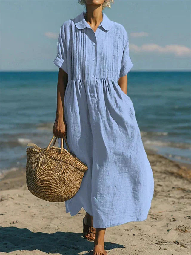 Robe en lin blanc élégante pour femmes de la marque Van Rozen Utrecht, robe féminine et sophistiquée, vue de face.