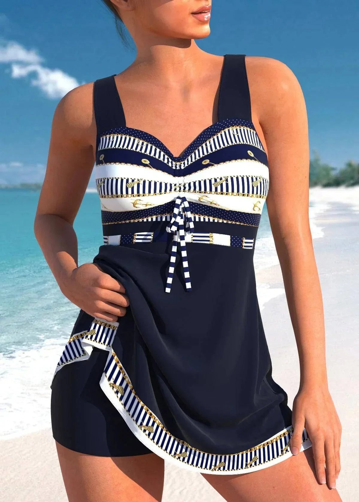 Maillot de bain tankini Véronique Danoir Paris, coupe élégante et confortable, tissu bleu avec motifs floraux.